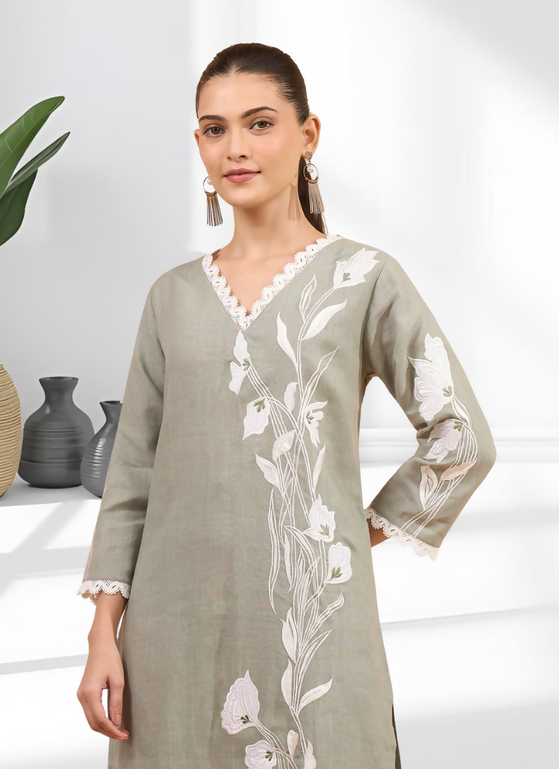 Joban Fashion Gray Linen Embroidered Readymade Long Kurta With Pant | Grocsy