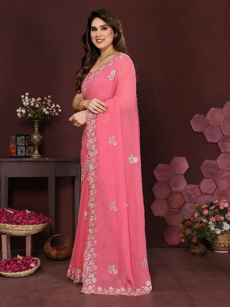 PR Fashion Gajari Georgette Embroidery Work With Embroidery Work Blouse Saree | Grocsy