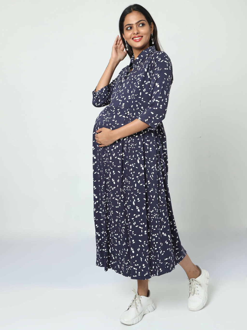 Manet Three Fourth Maternity Dress White Dot Print With Concealed Zipper Nursing Access - Navy Blue | Grocsy
