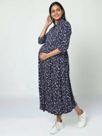 Manet Three Fourth Maternity Dress White Dot Print With Concealed Zipper Nursing Access - Navy Blue | Grocsy