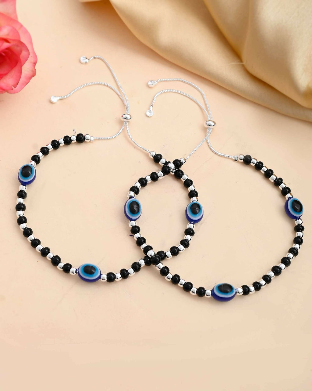 VOJ Set of 2 Silver Plated Evil Eye With Black And Silver Beads Anklet | Grocsy