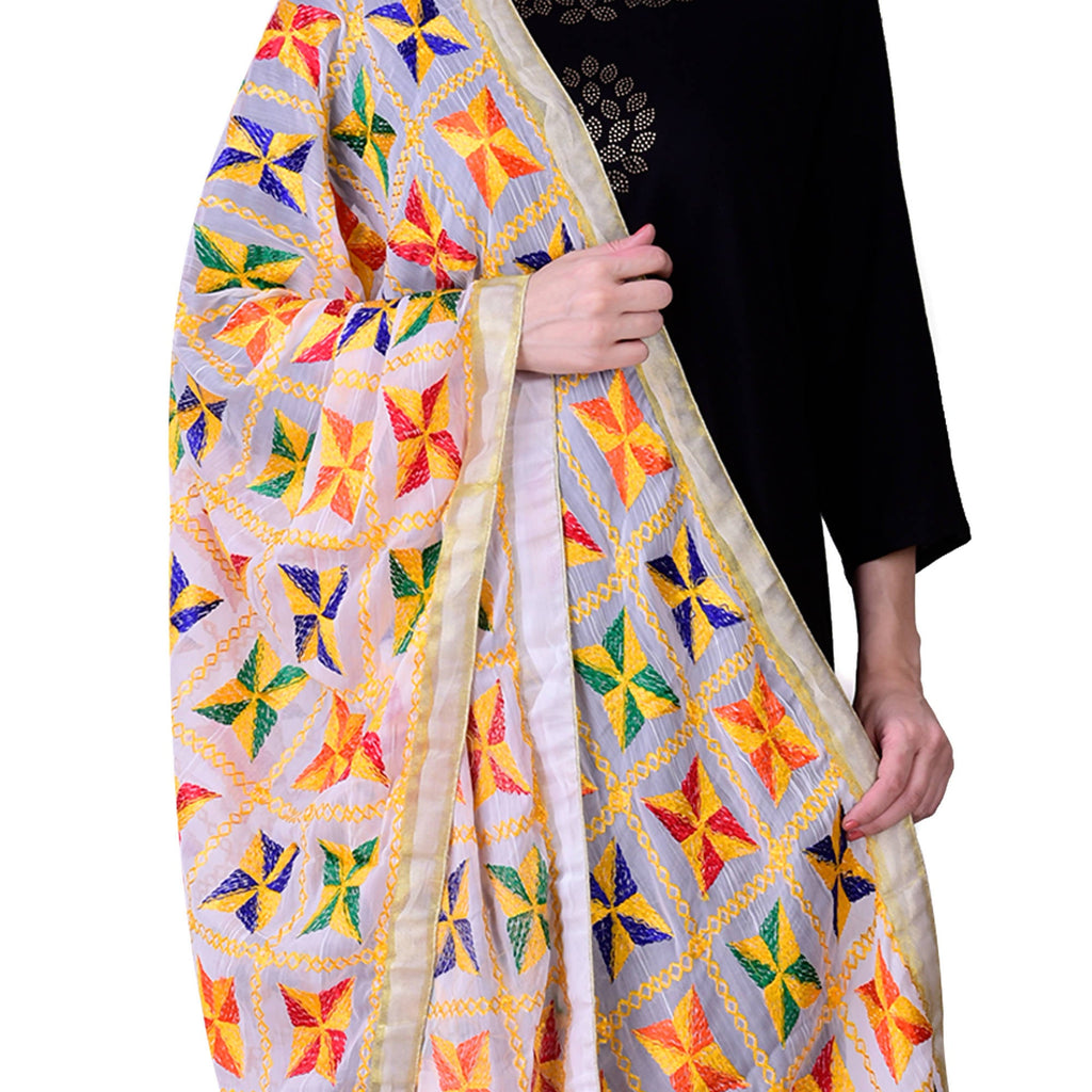 SWI Stylish Women's Embroidered Phulkari Chiffon White Dupatta | Grocsy