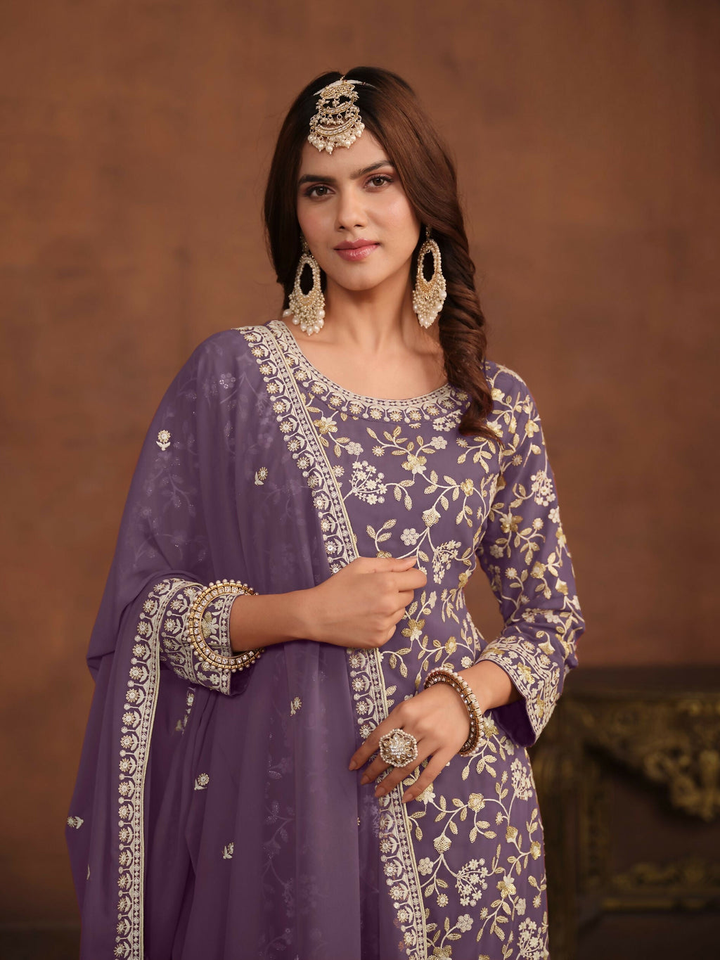 Anaita Lavender Embroidered Faux Georgette Salwar Suit | Grocsy