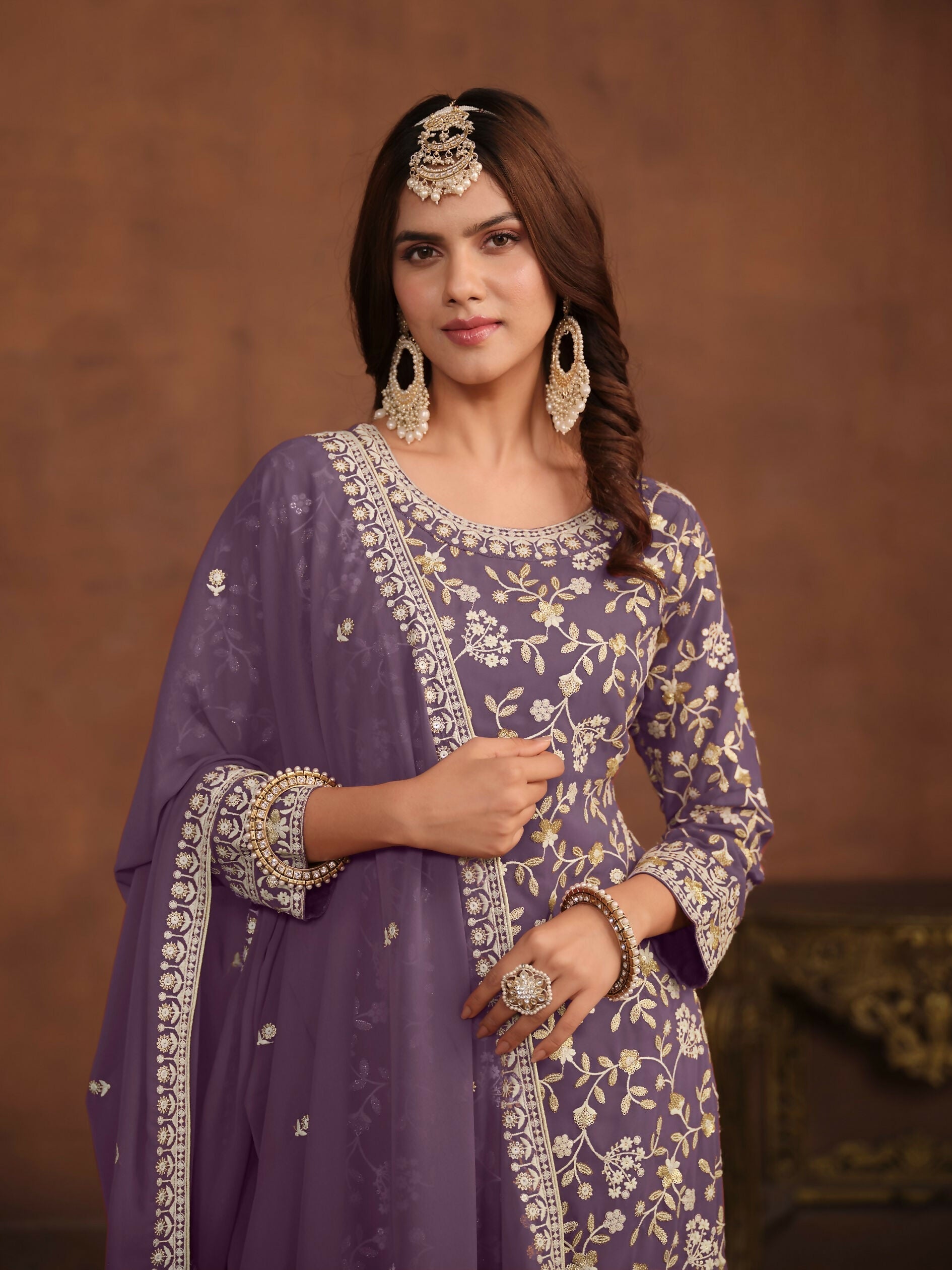 Anaita Lavender Embroidered Faux Georgette Salwar Suit | Grocsy