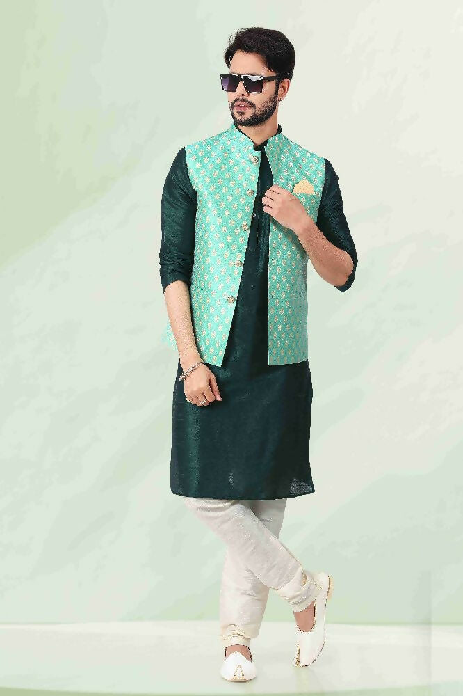 Raivat Ethnic Jacquard Banarasi Silk Woven Work 3 Pics Jacket Set In Pista Green Colour | Grocsy