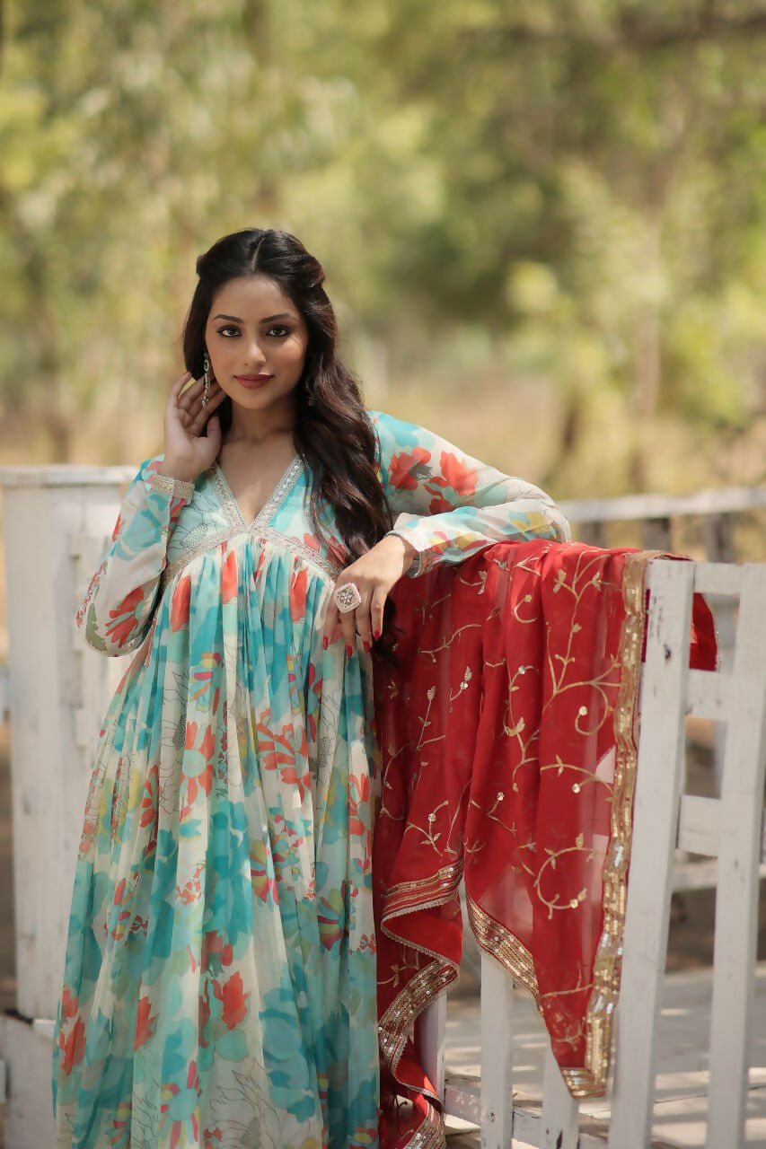 Vastranavya Digital Printed Russian silk & Stitch Canvas Patta Gown with Dupatta - Sky Blue | Grocsy