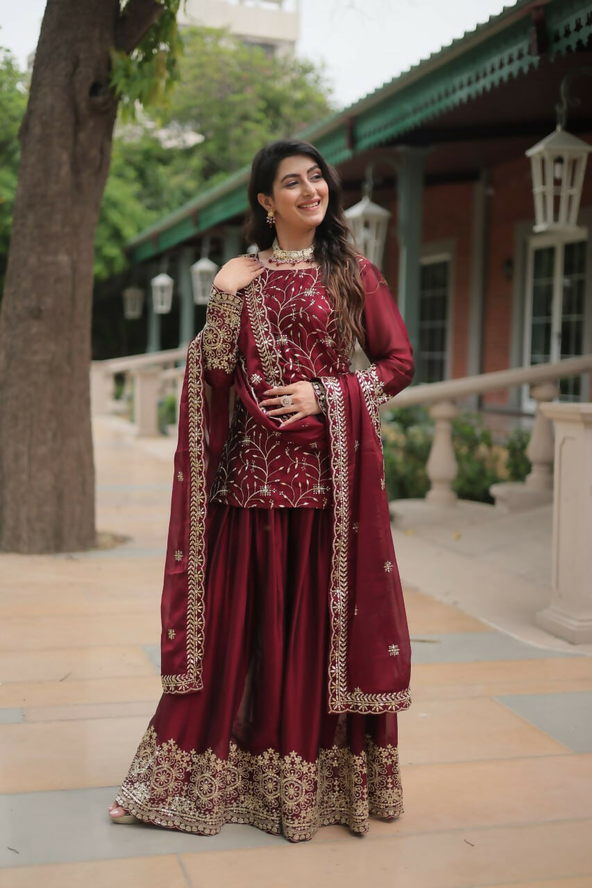 Vastranavya Premium Designer Heavy Sequins & Thread Embroidered work Kurti Palazzo & Dupatta - Maroon | Grocsy