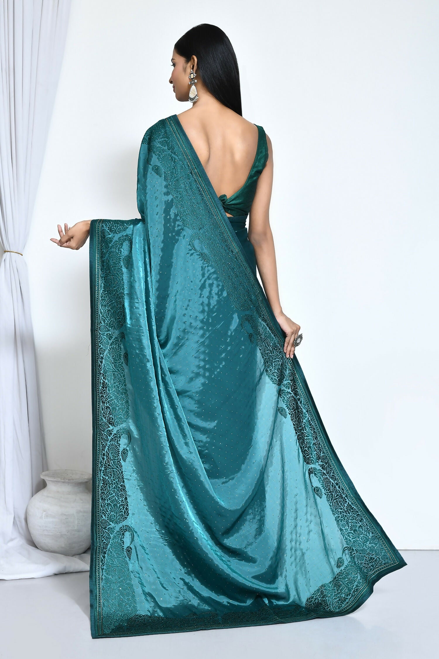 Light Blue Satin Silk Embroidered With Stone Work Festive Saree - Nimaya Denzy | Grocsy