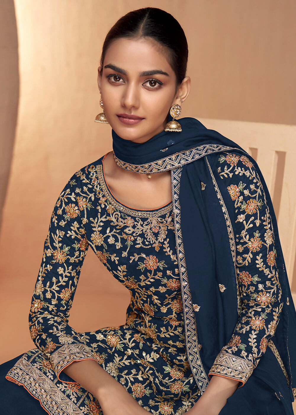 Blue Real Chinnon Embroidered Wedding Festive Palazzo Suit - Emponline | Grocsy