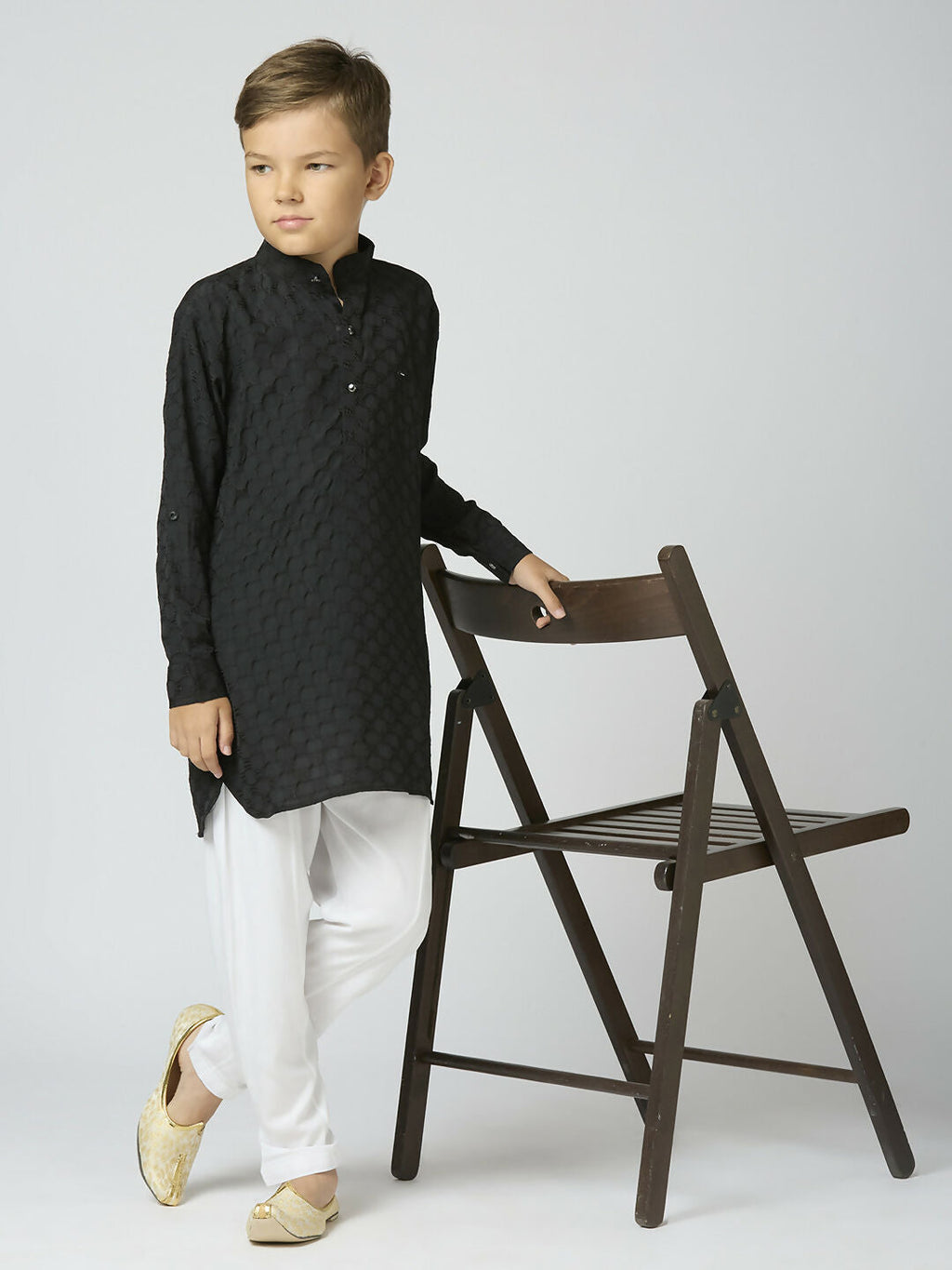 Joban Fashion Kids Island Full Sleeves Texture Cotton Kurta and Pyjama Set - Black | Grocsy