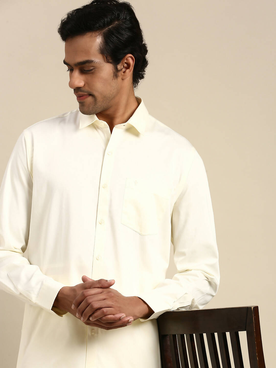 Ramraj Cotton Mens Cotton Cream Colour Full Sleeve Shirt | Grocsy