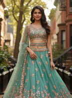 Lehenga Mart Designer Indian Wedding Lehenga Choli-Sky Green | Grocsy