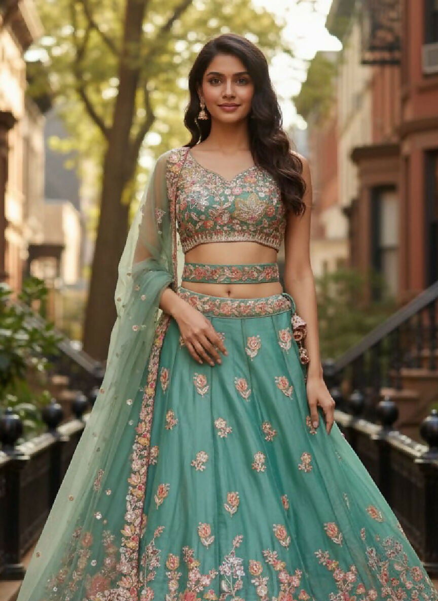 Lehenga Mart Designer Indian Wedding Lehenga Choli-Sky Green | Grocsy