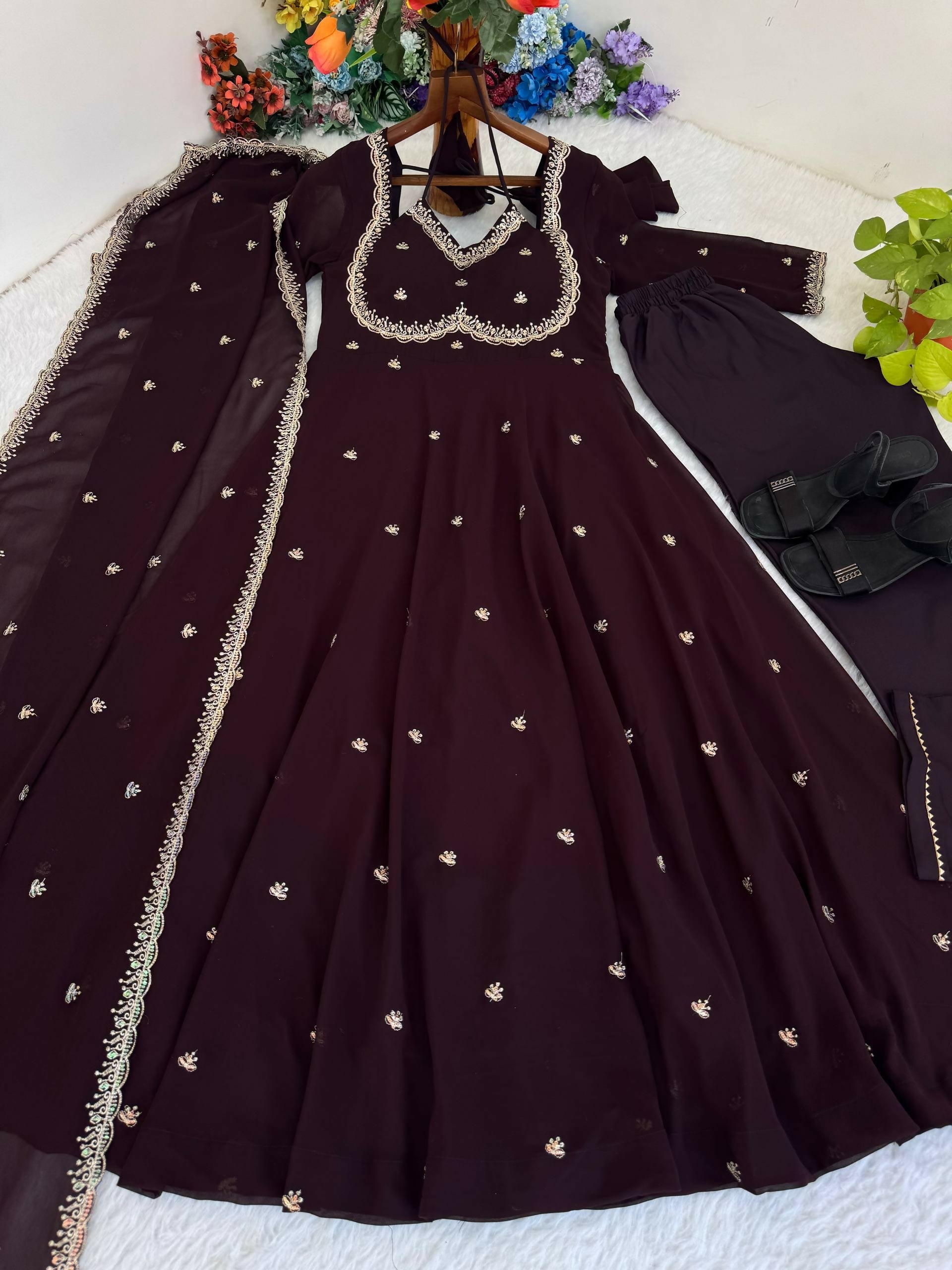 Teeya Creation Womens New Fancy Fox Georgette Heavy Quality Fabric With Handwork Brown Gown Set | Grocsy