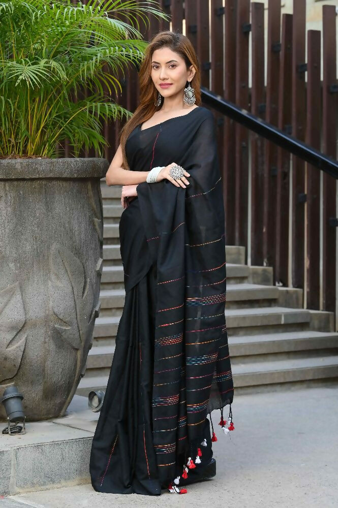 Beatitude Black Khadi Ghicha Stripes Saree | Grocsy