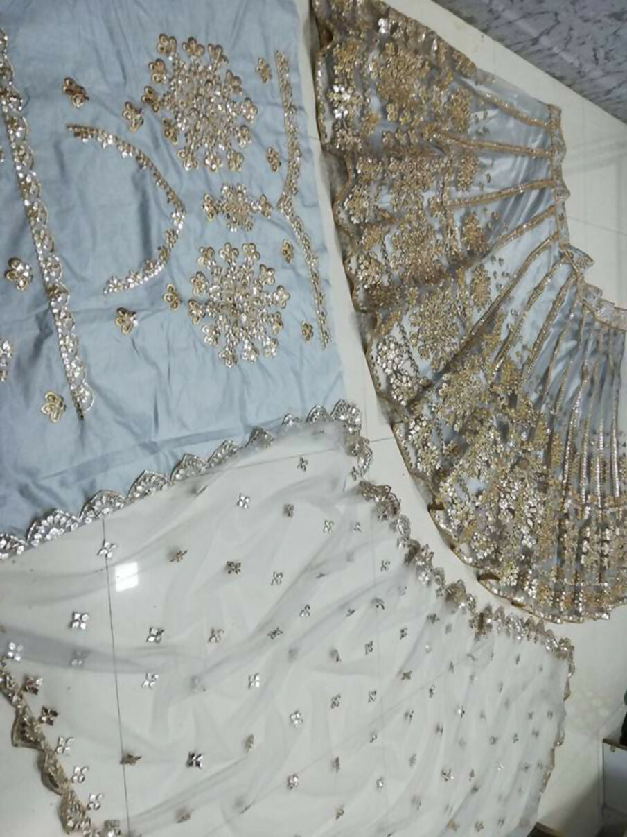 Jyoti Fashion Glamorous Grey Zari With Paper Mirror Embroidered Net Lehenga Choli with Dupatta | Grocsy