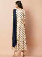 Indya Women White & Navy Blue Printed Maxi Dress With Attached Dupatta | Grocsy