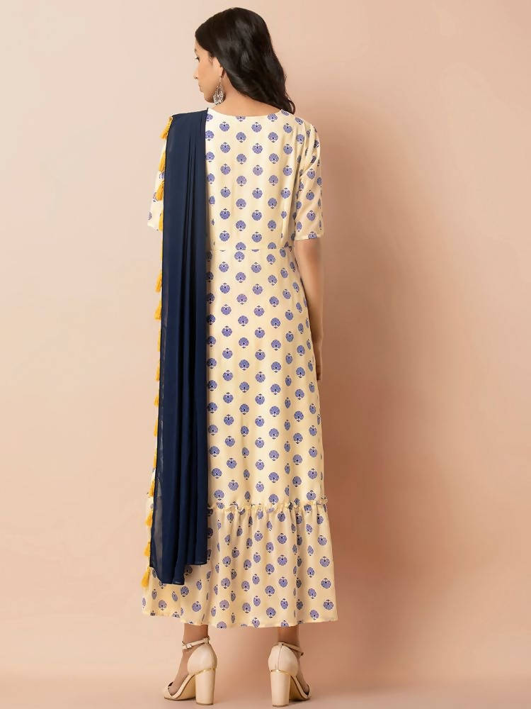 Indya Women White & Navy Blue Printed Maxi Dress With Attached Dupatta | Grocsy