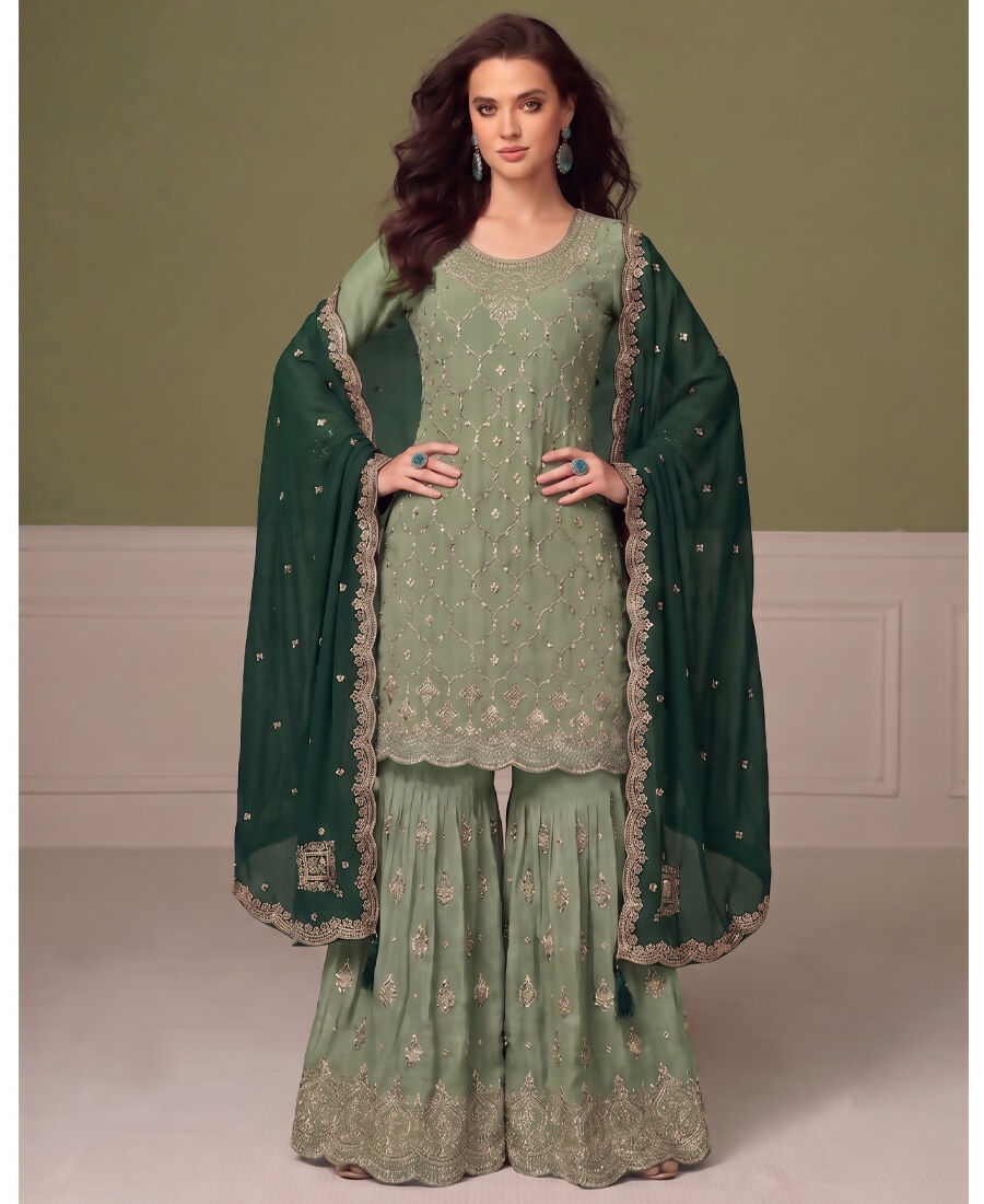KC Heavy Chinon Pista Green Salwar Suit For Women Ethnic Wear | Grocsy
