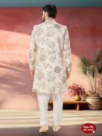Joban Fashion Men's Beige Base Straight Swed Velvet Self-Design In Fabric Indo-Western Kurta Set | Grocsy