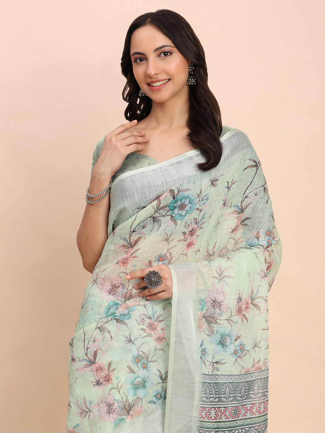 Shree Shyam Fashion Linen Cotton Light Green Saree | Grocsy