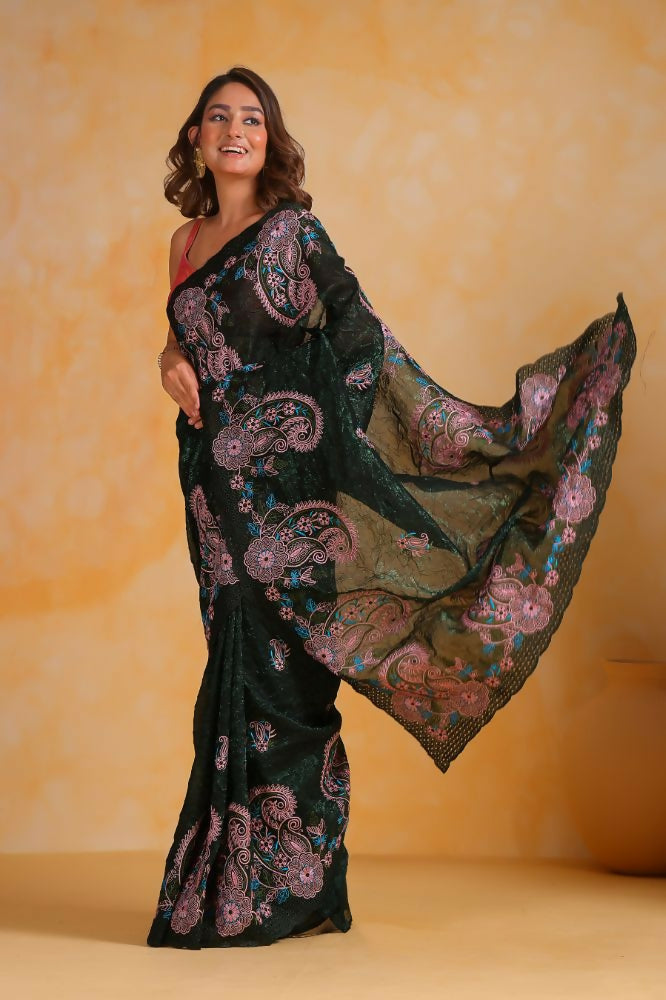Vamsee Suhanisha Green Korean Shimmer Silk Saree | Grocsy