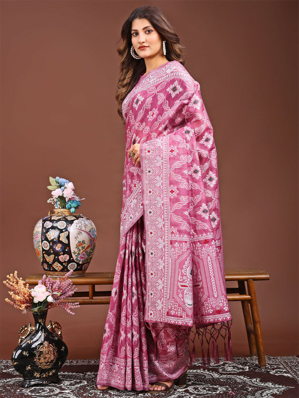 Shree Shyam Fashion Pankhuri Pink Linen Cotton Saree | Grocsy