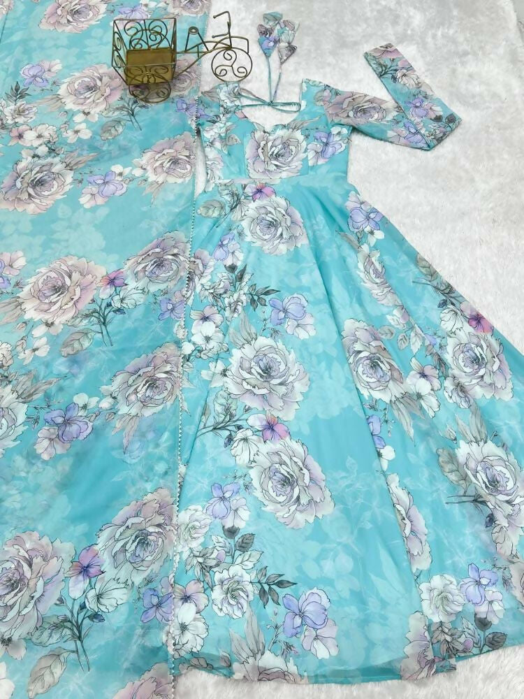 The52 Women's Gorgeous Printed Fox Georgette Fabric Flared Anarkali and Dupatta Set-Sky | Grocsy