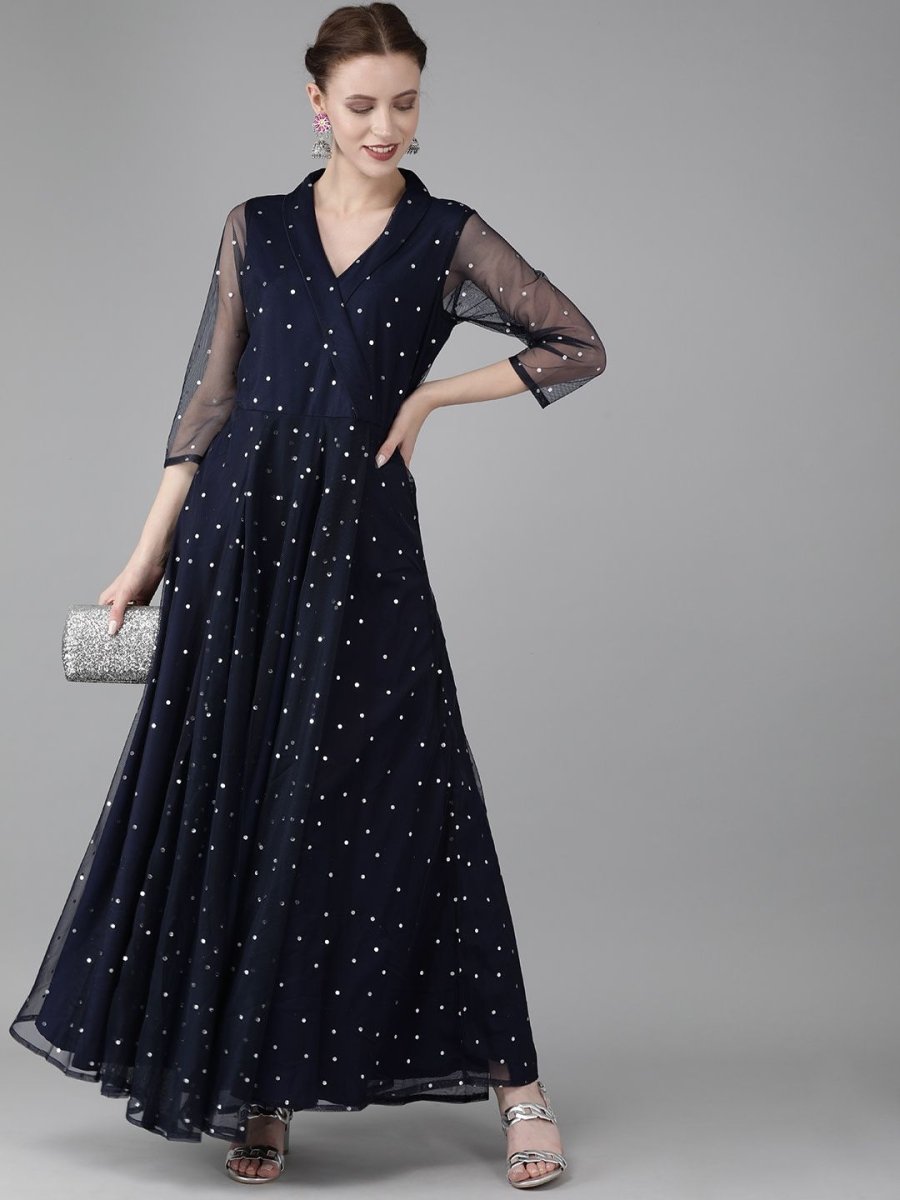 Ahalyaa Navy Blue Net & Crepe Silver Toned Polka Dots Printed Maxi Dress | Grocsy