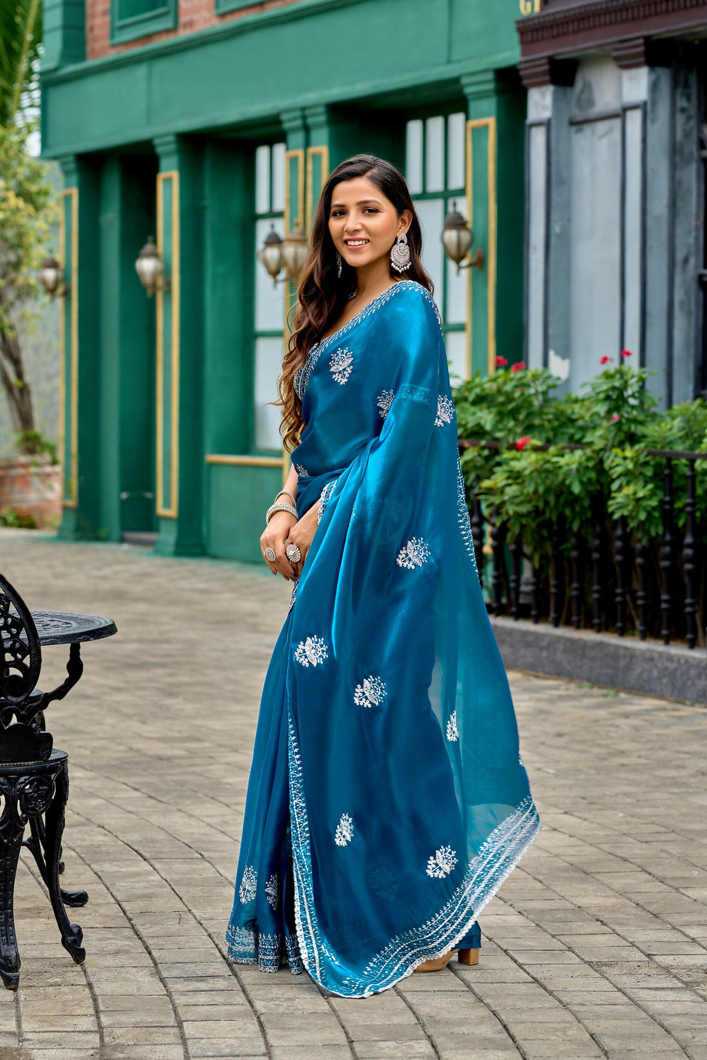 Vastranavya Sea Blue Embroidery Work Shimmer Chiffon Saree with Unstitched Blouse | Grocsy