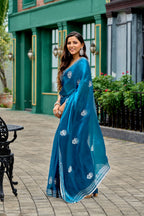 Vastranavya Sea Blue Embroidery Work Shimmer Chiffon Saree with Unstitched Blouse | Grocsy