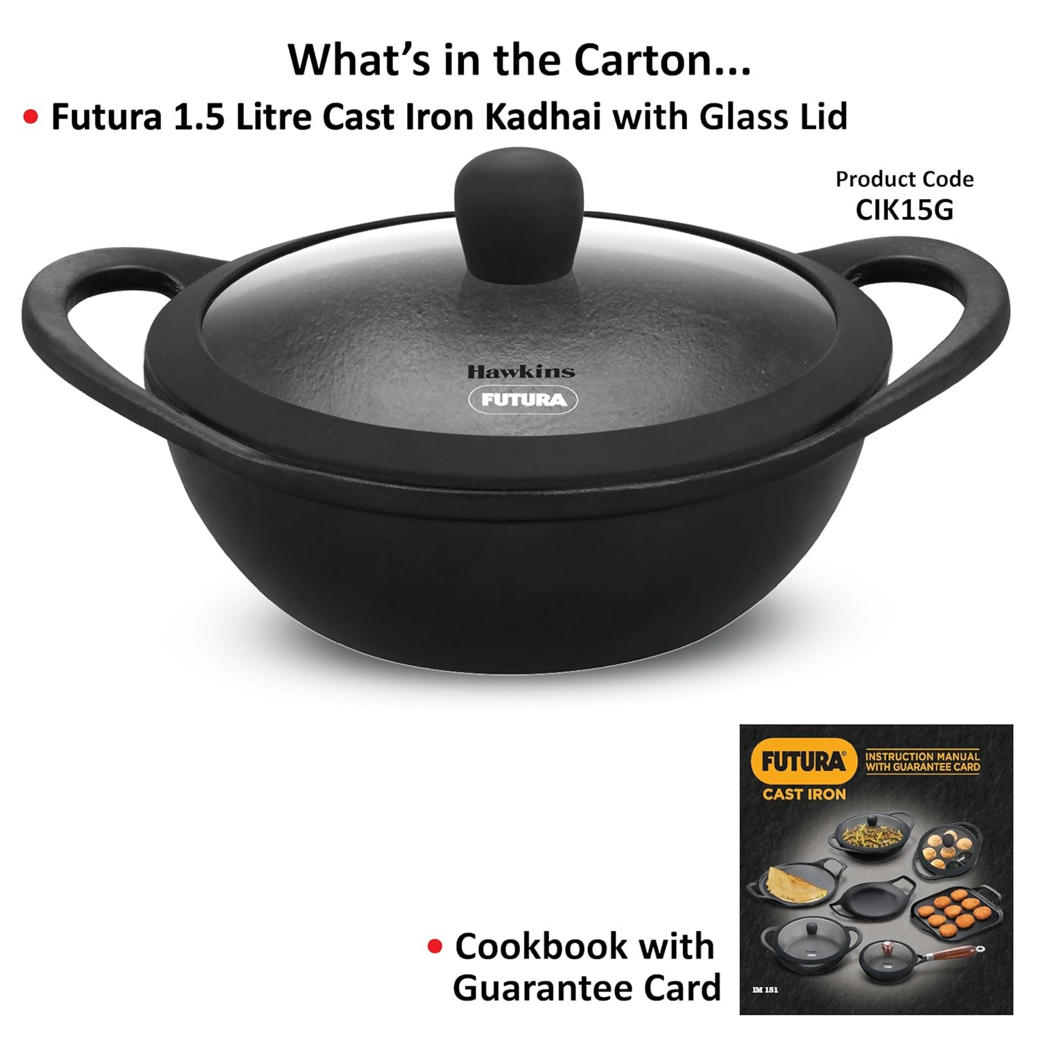 Hawkins Futura Cast Iron Nonstick Kadai with Glass Lid - Black (CIK15G) | Grocsy