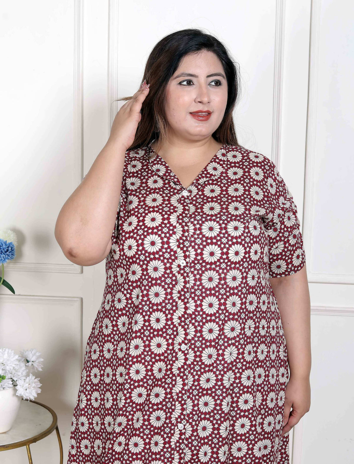 Miravan Women's Plus Size Cotton Floral Printed Cream A-Line Kurta with Buttons | Grocsy