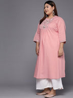 Sztori Plus Size Floral Embroidered Round Neck Cotton Straight Kurta | Grocsy