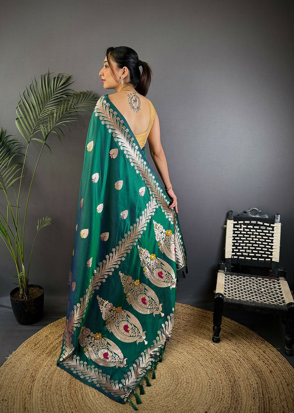 Joban Fashion Banarasi Dusty Teal Woven Soft Silk Saree | Grocsy