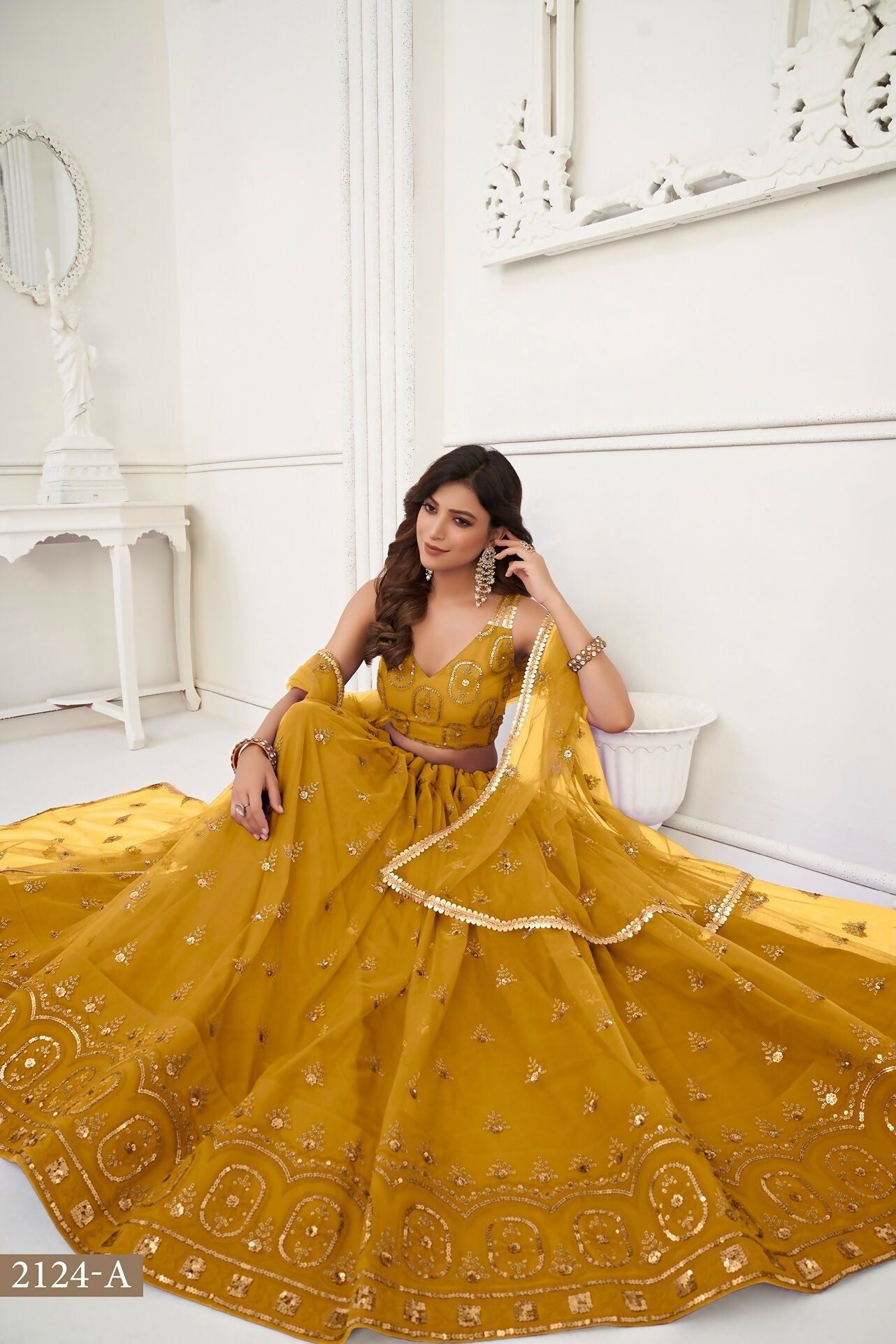 Eilara Women'S Mustard Yellow Butterfly Net With Tone Thread Work And Sandwich Embroidered Work Lehenga Choli For Wedding | Grocsy