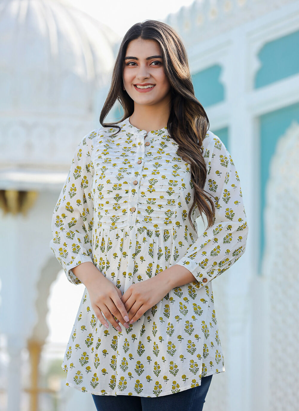 Kaajh Women's Yellow-White Floral Hand Block Printed Cotton Top | Grocsy