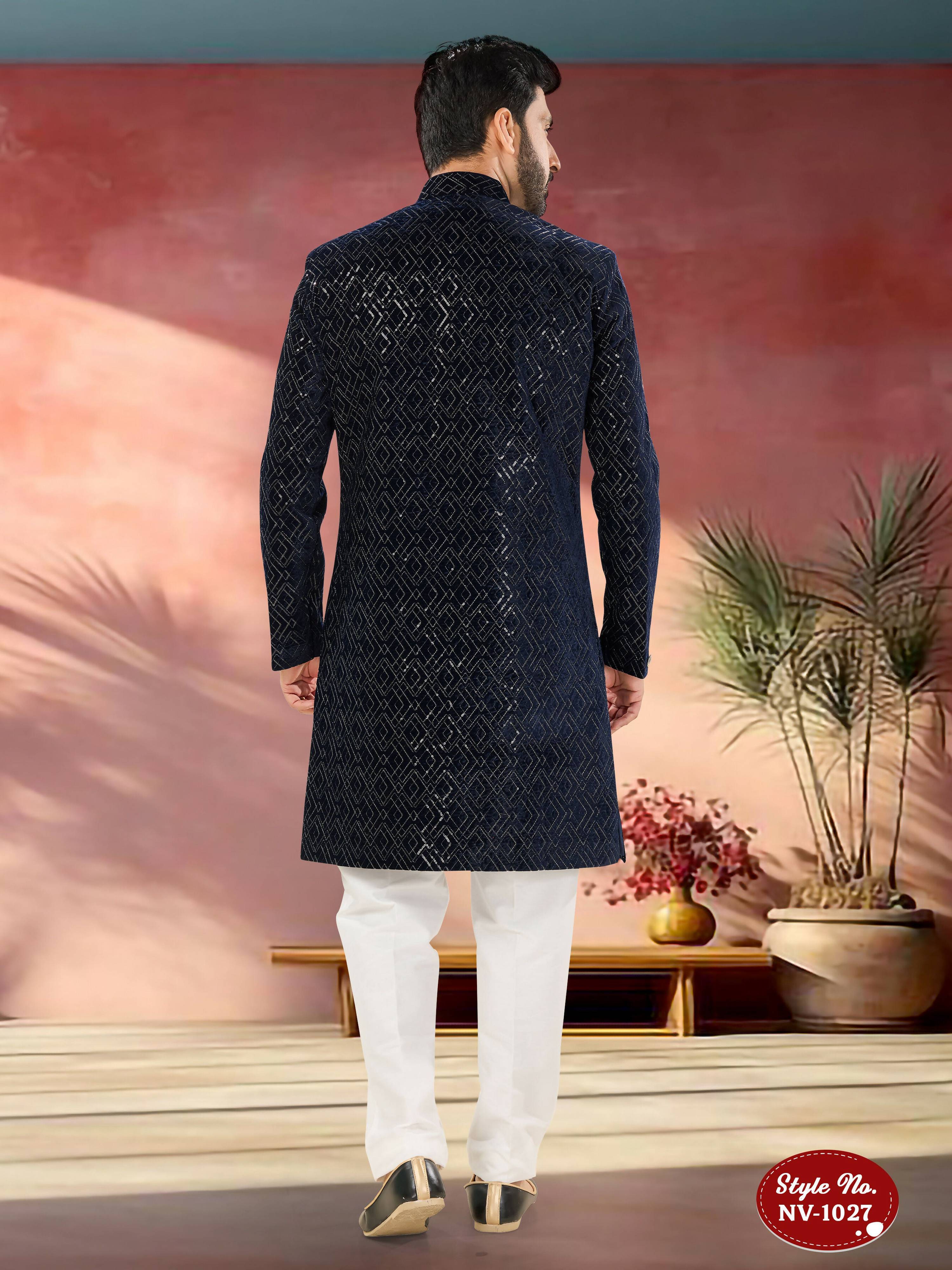 Joban Fashion Men's Blue Base Straight Velvet Thread And Sequence Embroidary All Over Indo-Western Kurta Set | Grocsy