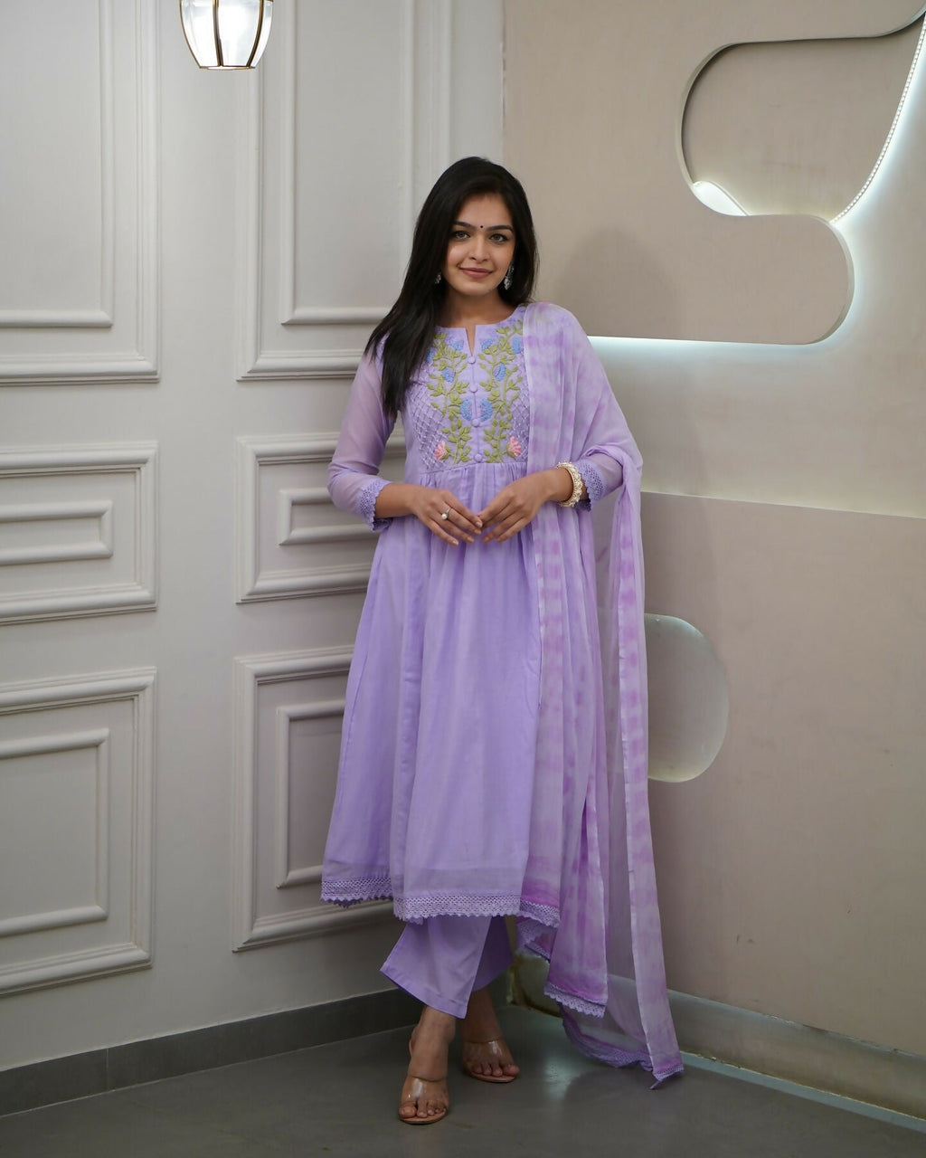 The52 Women's Beautiful Georgette Fabric Thread Work Flared Kurta Pant and Dupatta Set | Grocsy