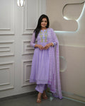 The52 Women's Beautiful Georgette Fabric Thread Work Flared Kurta Pant and Dupatta Set | Grocsy
