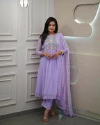 The52 Women's Beautiful Georgette Fabric Thread Work Flared Kurta Pant and Dupatta Set | Grocsy