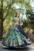 Vastranavya Kalamkari Print With Foil Print Lehenga with Unstitched Printed Blouse - Sea Green | Grocsy