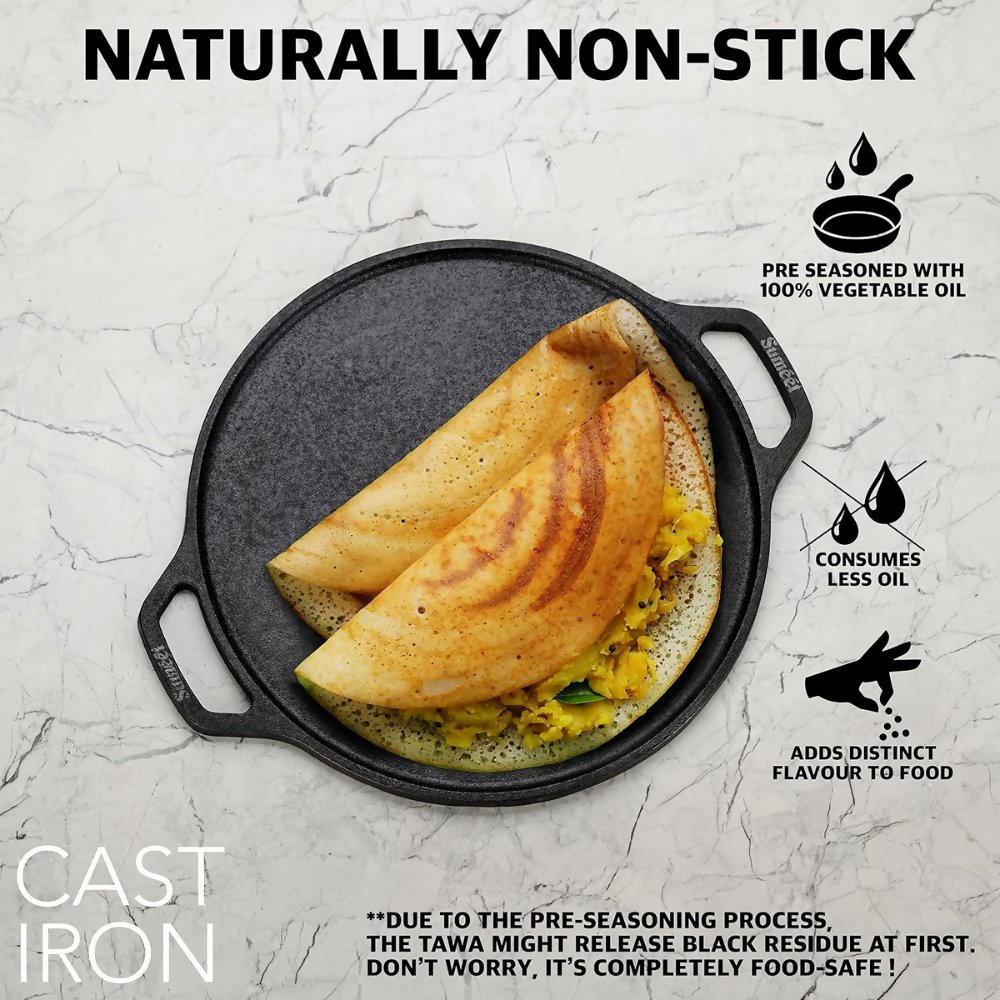 Sumeet Pre Seasoned Heavy Weight Cast Iron Flat, Induction Friendly Dosa Tawa - Black | Grocsy