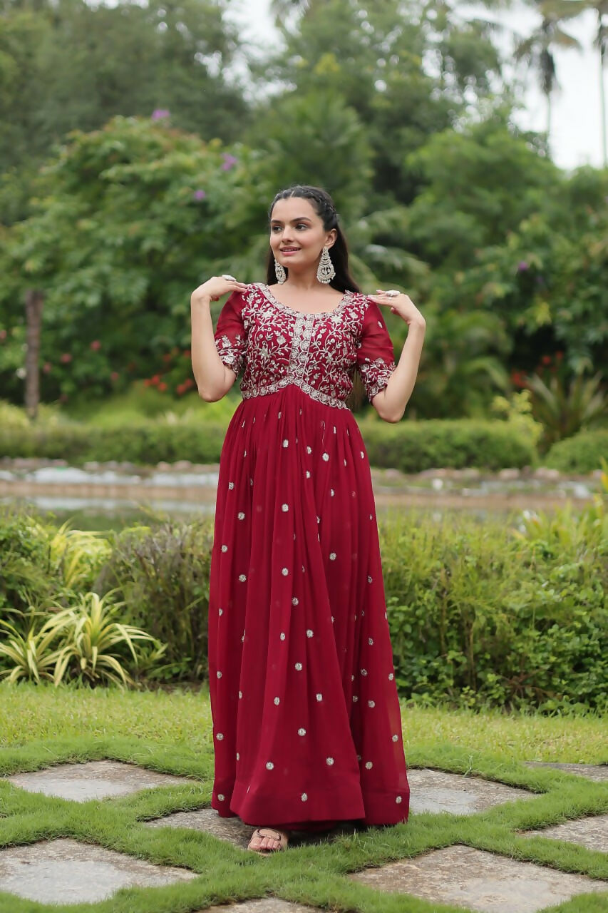 Vastranavya Premium Designer Faux Blooming with Embroidery Zari Sequins work Gown - Maroon | Grocsy