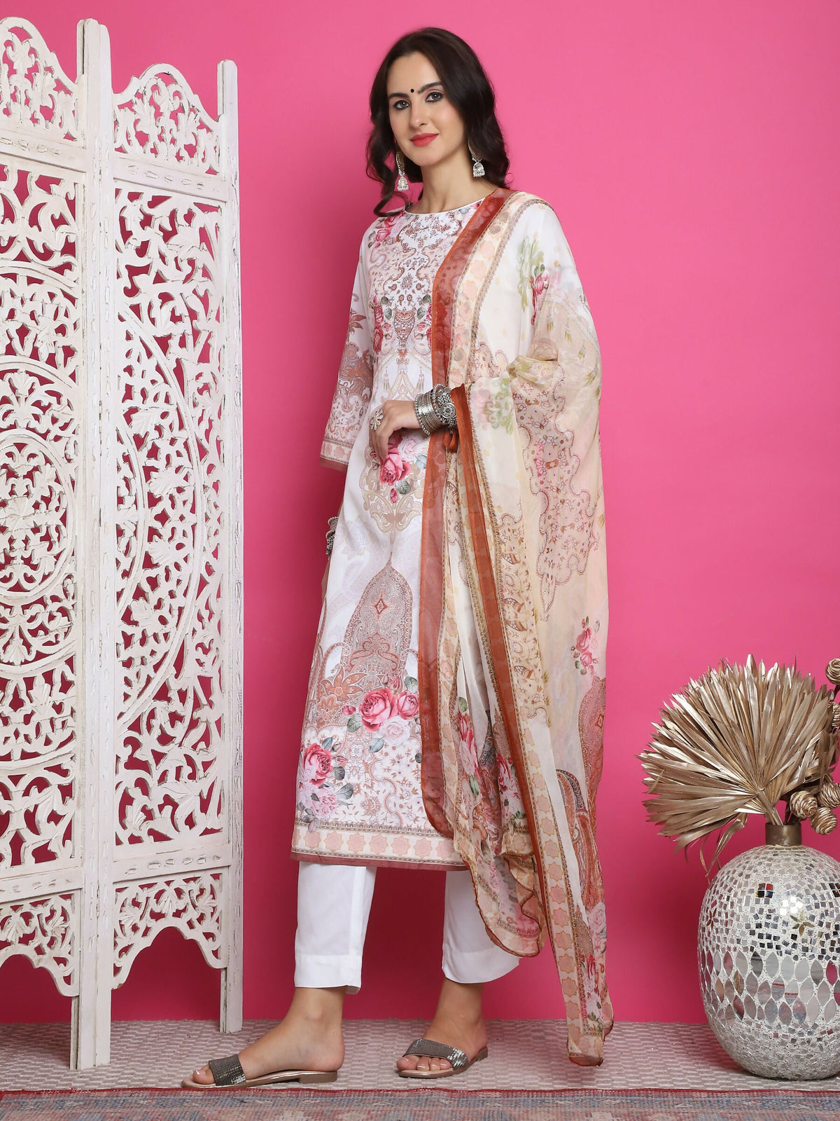 Jyoti Fashion Women's Cream Satin Traditional Digital Print with Crystal work Kurta with Trouser & Dupatta | Grocsy
