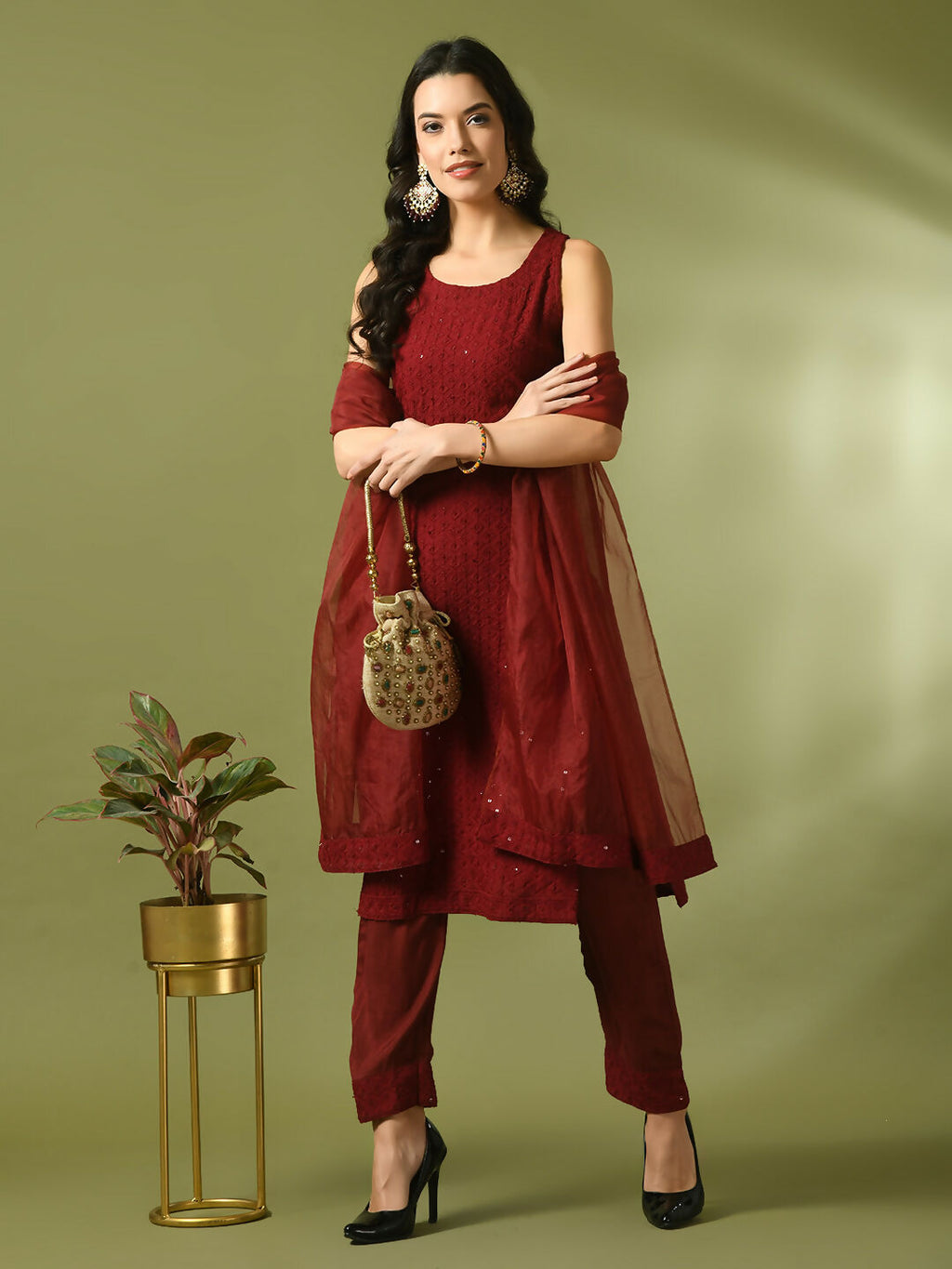 Myshka Women's Maroon Embroidered Cotton Straight Party Kurta Set With Dupatta | Grocsy