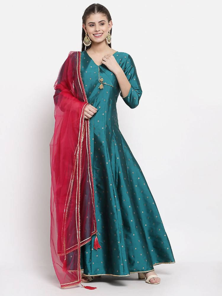 Myshka Women's Green Silk Solid 3/4 Sleeve V Neck Casual Anarkali Kurta Dupatta Set | Grocsy