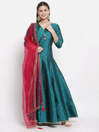 Myshka Women's Green Silk Solid 3/4 Sleeve V Neck Casual Anarkali Kurta Dupatta Set | Grocsy