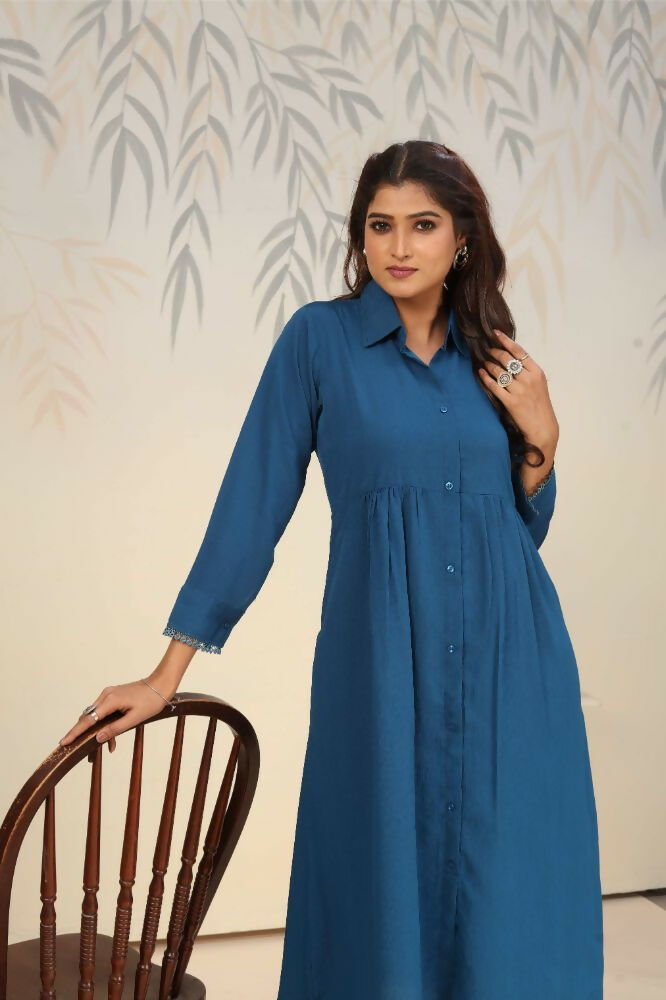 Jyoti Fashion Women's Blue Rinkal Cotton Plain with Side Pocket Kurtis & Sets | Grocsy