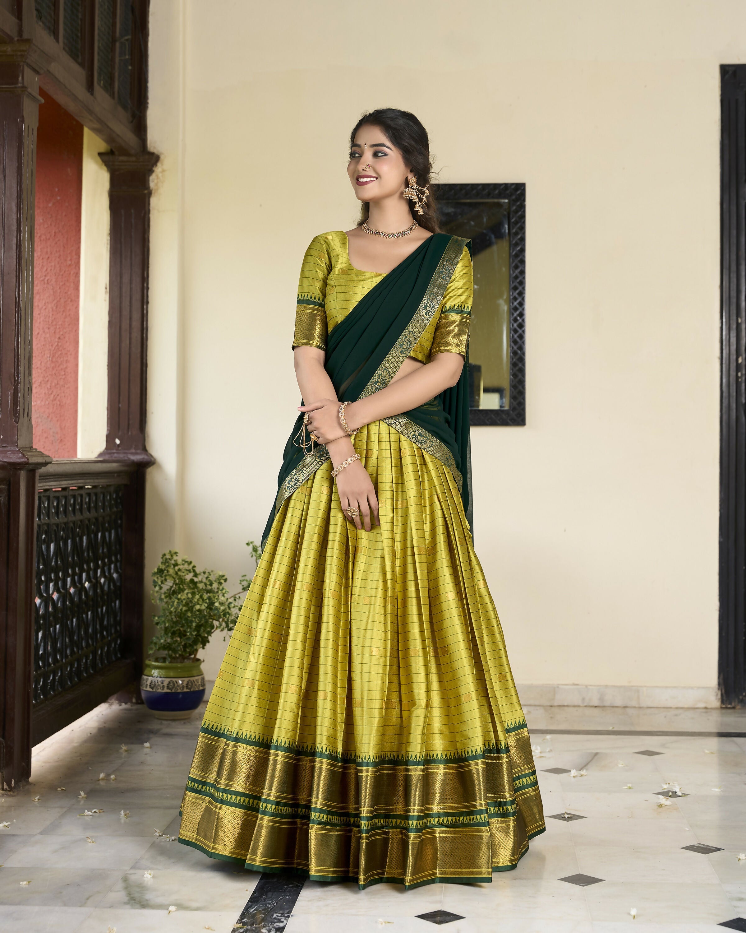 Lorenvalley Parrotgreen Cotton Silk Weaving Work With Paithani Concept Lehenga Choli | Grocsy
